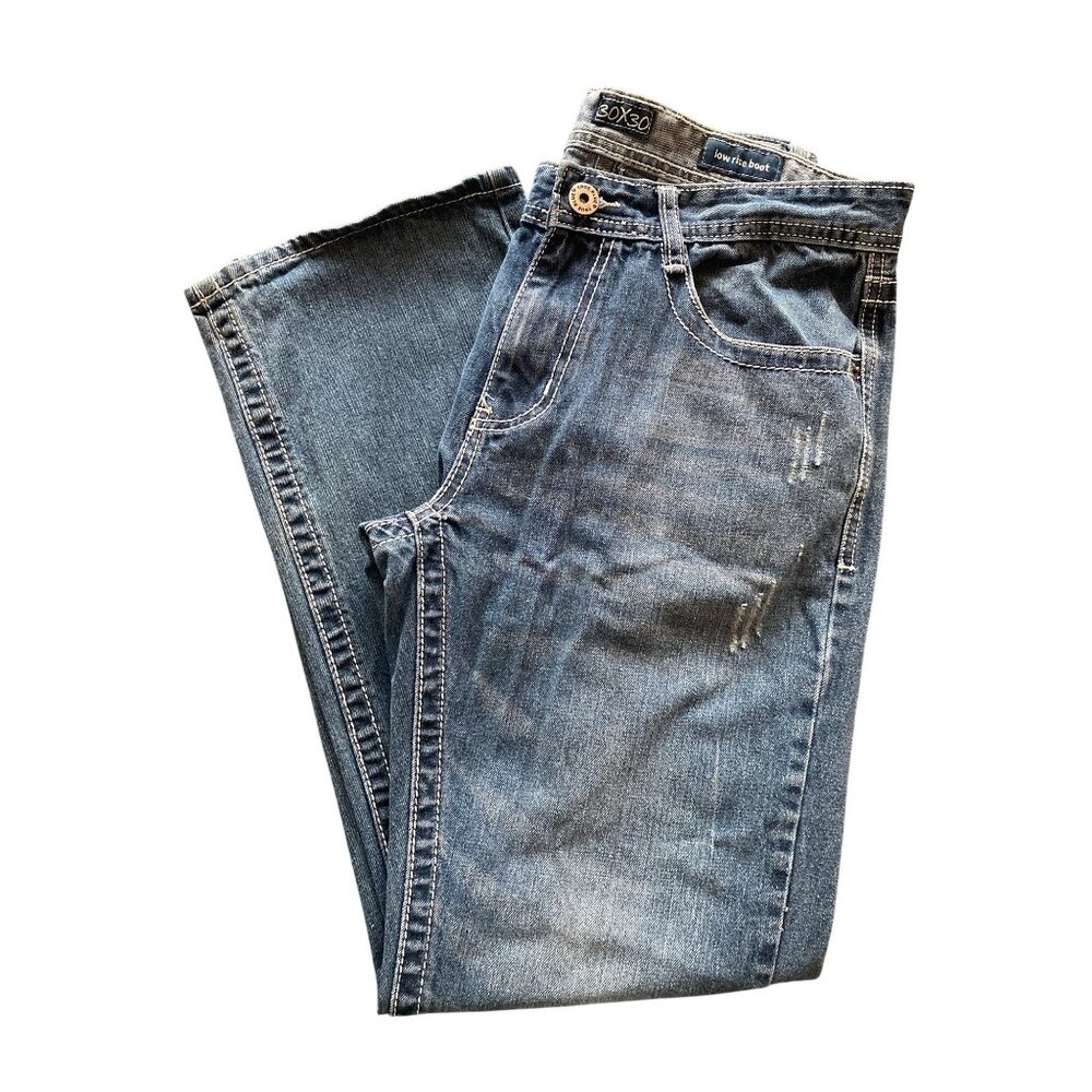 men True blue jeans 30 x 30 low rise boot 5 Pocket Factory distresed